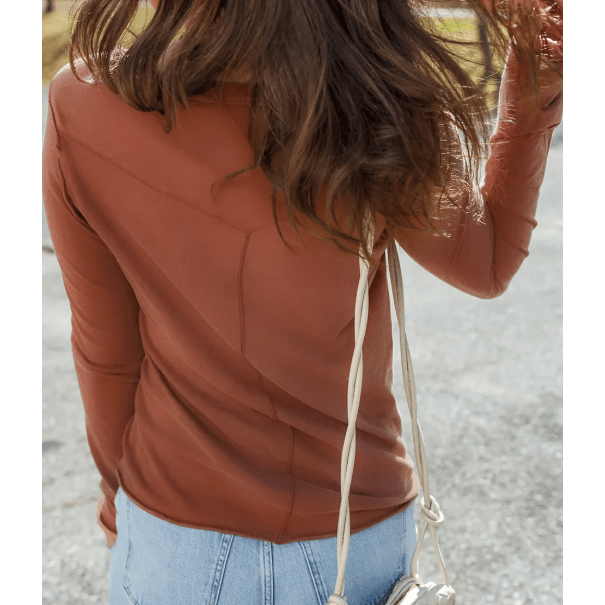 Issa Chestnut Raw Seam Detail Solid Color Long Sleeve Top