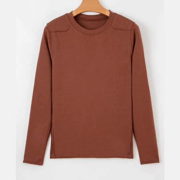 Issa Chestnut Raw Seam Detail Solid Color Long Sleeve Top