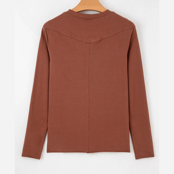 Issa Chestnut Raw Seam Detail Solid Color Long Sleeve Top