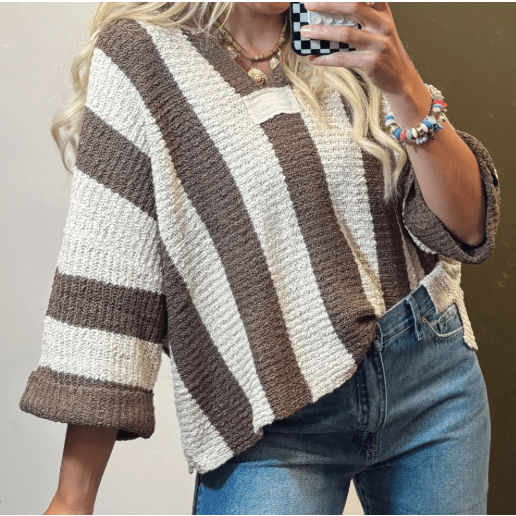 RTS Korban Brown Stripe Colorblock V Neck Bracelet Sleeve Sweater