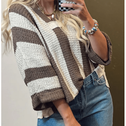 RTS Korban Brown Stripe Colorblock V Neck Bracelet Sleeve Sweater