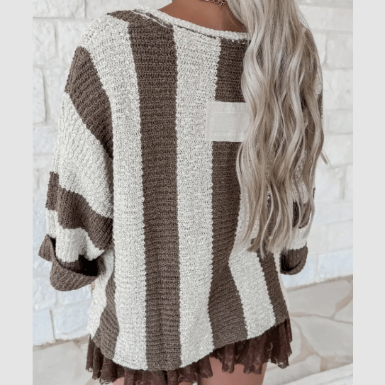 RTS Korban Brown Stripe Colorblock V Neck Bracelet Sleeve Sweater