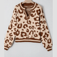 Chanse Light French Beige Leopard Printed Knit V Neck Casual Sweater