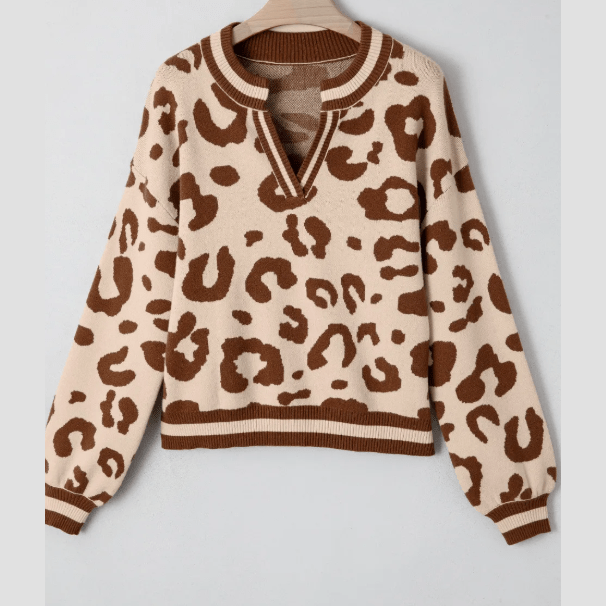 Chanse Light French Beige Leopard Printed Knit V Neck Casual Sweater