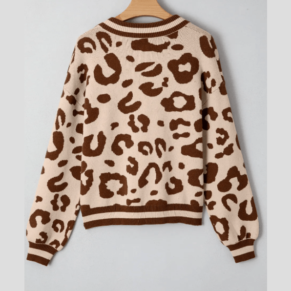 Chanse Light French Beige Leopard Printed Knit V Neck Casual Sweater