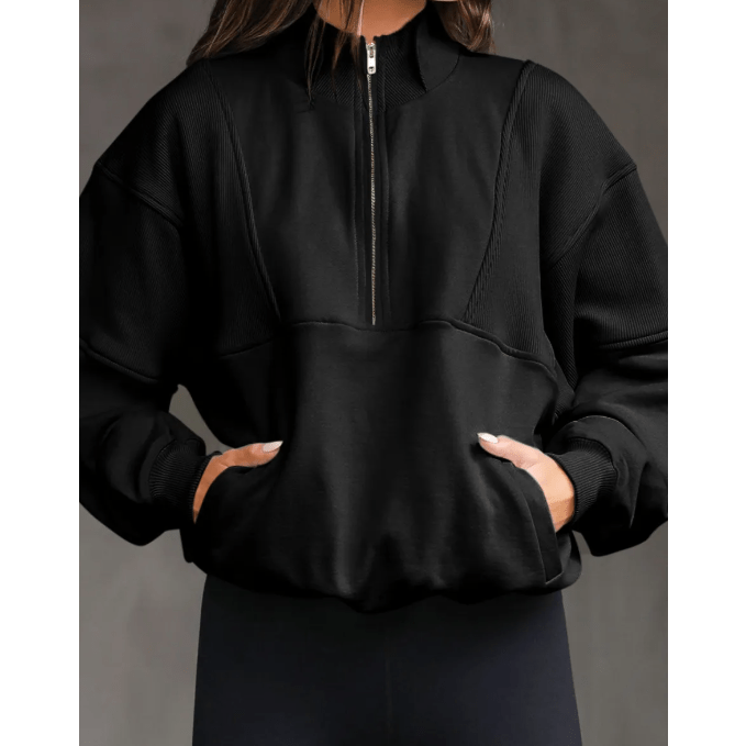 Lexy Black Half Zip Stand Collar Exposed Seam Solid Color Casual Sweatshirt