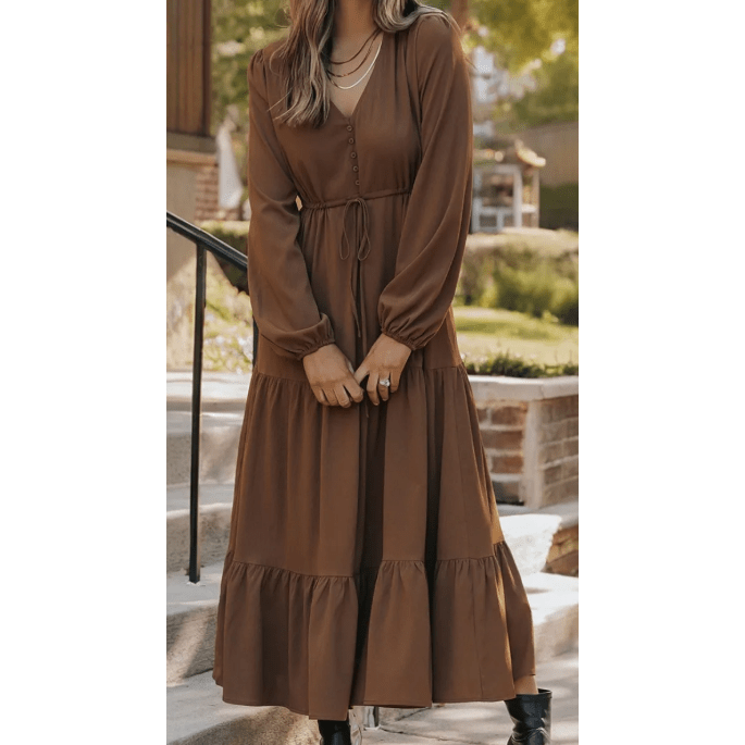 RTS Chestnut Solid Long Sleeve Button V Neck Tiered Maxi Dress