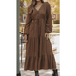 RTS Chestnut Solid Long Sleeve Button V Neck Tiered Maxi Dress