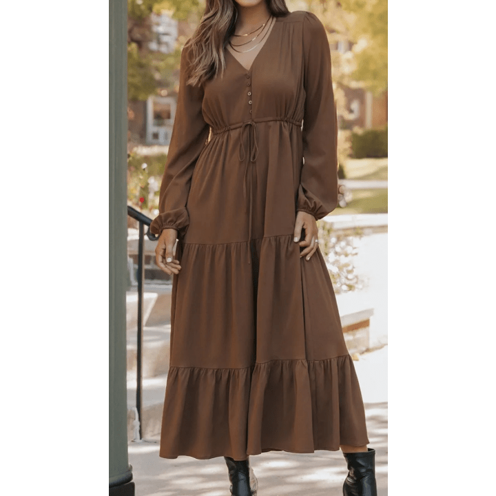 RTS Chestnut Solid Long Sleeve Button V Neck Tiered Maxi Dress