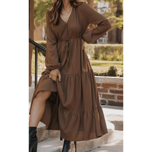RTS Chestnut Solid Long Sleeve Button V Neck Tiered Maxi Dress