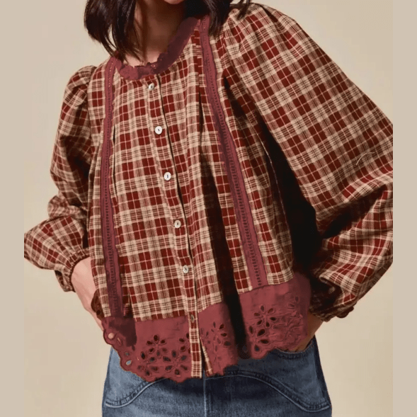 RTS Plaid Eyelet Lace Trim Button Down Loose Long Sleeve Shirt