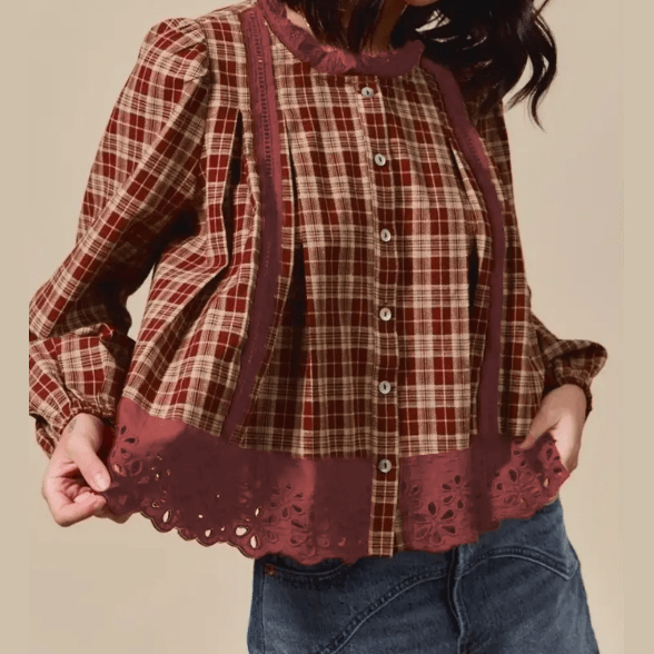 RTS Plaid Eyelet Lace Trim Button Down Loose Long Sleeve Shirt