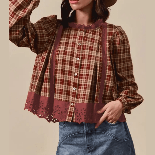 RTS Plaid Eyelet Lace Trim Button Down Loose Long Sleeve Shirt
