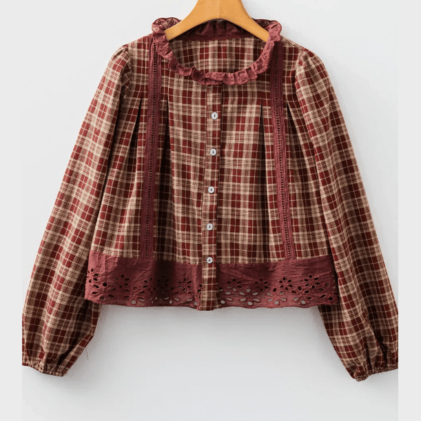 RTS Plaid Eyelet Lace Trim Button Down Loose Long Sleeve Shirt