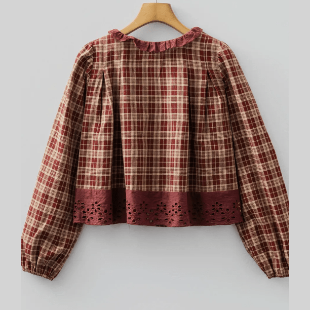 RTS Plaid Eyelet Lace Trim Button Down Loose Long Sleeve Shirt