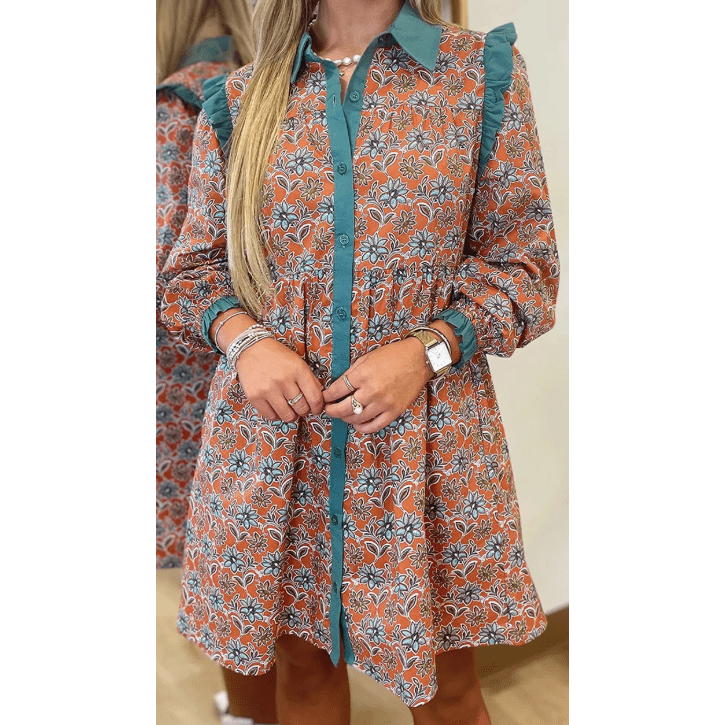 RTS Orange Boho Floral Contrast Collared Shirt Mini Dress