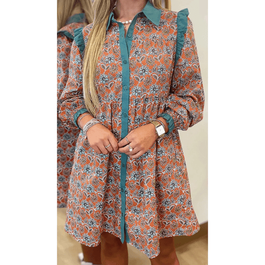 RTS Orange Boho Floral Contrast Collared Shirt Mini Dress
