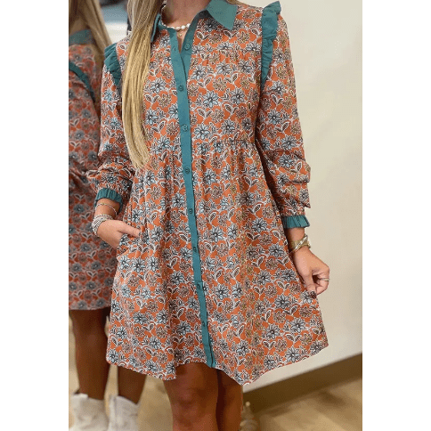 RTS Orange Boho Floral Contrast Collared Shirt Mini Dress