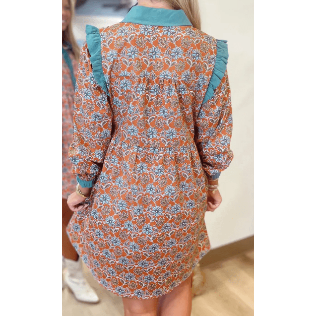 RTS Orange Boho Floral Contrast Collared Shirt Mini Dress