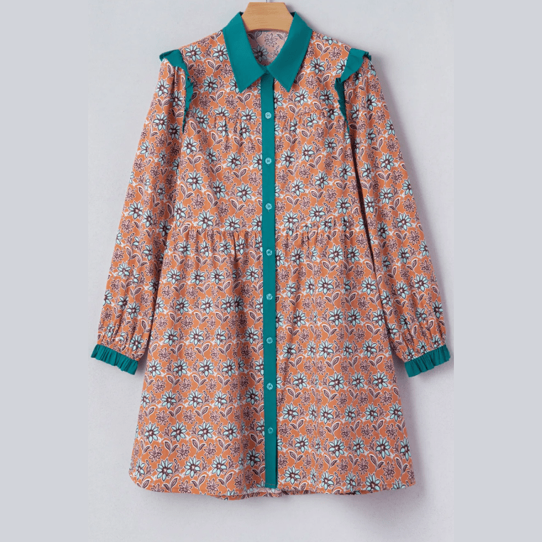 RTS Orange Boho Floral Contrast Collared Shirt Mini Dress