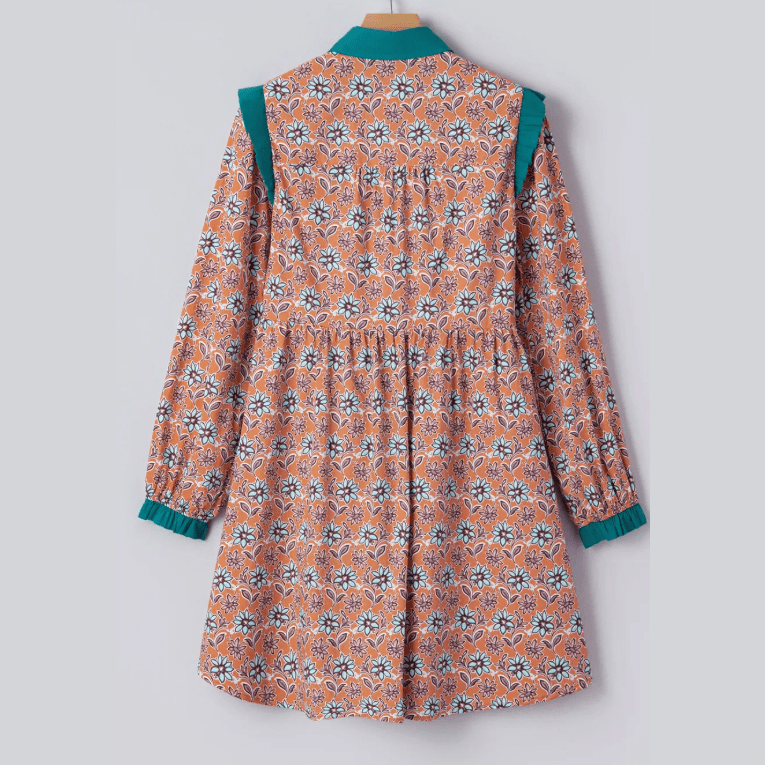 RTS Orange Boho Floral Contrast Collared Shirt Mini Dress