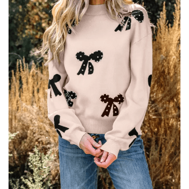 Ezlynn Apricot Pearl Embellished Bow Pattern Loose Sweater
