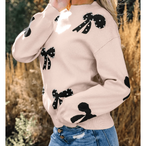 Ezlynn Apricot Pearl Embellished Bow Pattern Loose Sweater