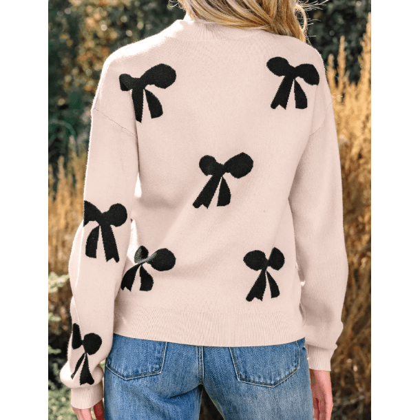 Ezlynn Apricot Pearl Embellished Bow Pattern Loose Sweater