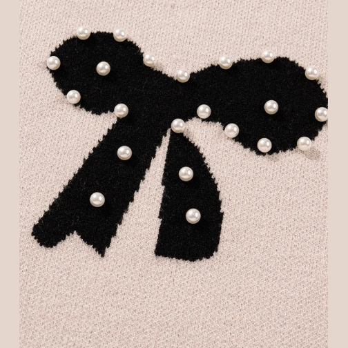 Ezlynn Apricot Pearl Embellished Bow Pattern Loose Sweater