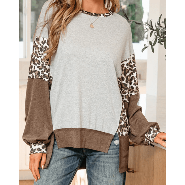 Jeneen Grey Color Block Leopard Patchwork Dolman Sleeve High Low Baggy Sweatshirt