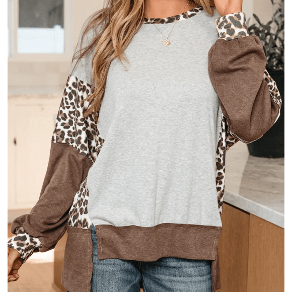 Jeneen Grey Color Block Leopard Patchwork Dolman Sleeve High Low Baggy Sweatshirt