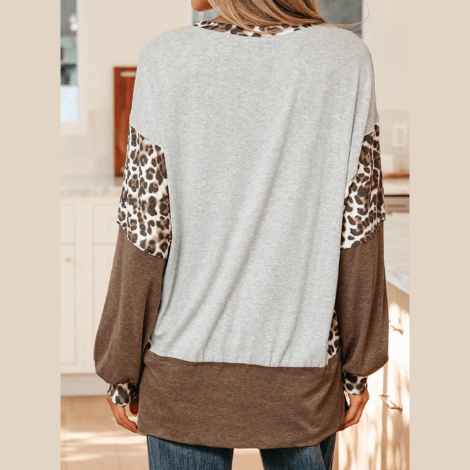 Jeneen Grey Color Block Leopard Patchwork Dolman Sleeve High Low Baggy Sweatshirt