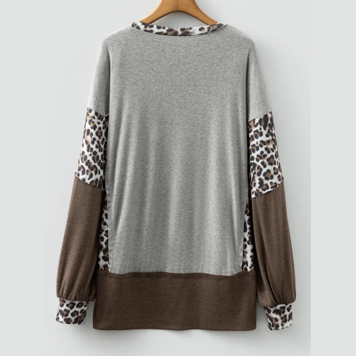 Jeneen Grey Color Block Leopard Patchwork Dolman Sleeve High Low Baggy Sweatshirt
