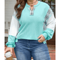 Latifa Aruba Blue Twist Ribbed Color Block Plaid Patchwork Plus Size Long Sleeve Top