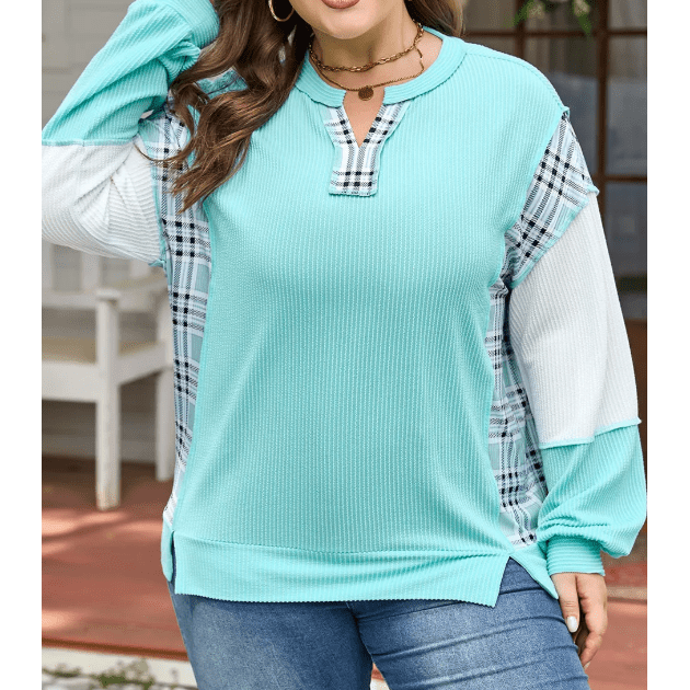 Latifa Aruba Blue Twist Ribbed Color Block Plaid Patchwork Plus Size Long Sleeve Top