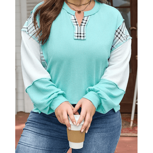 Latifa Aruba Blue Twist Ribbed Color Block Plaid Patchwork Plus Size Long Sleeve Top