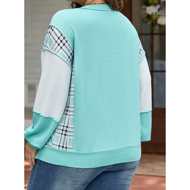 Latifa Aruba Blue Twist Ribbed Color Block Plaid Patchwork Plus Size Long Sleeve Top