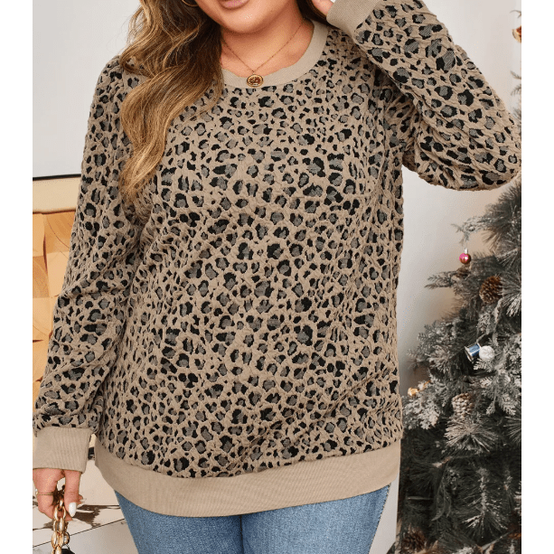 Brixley Khaki Leopard Textured Ribbed Trim Plus Size Long Sleeve Top
