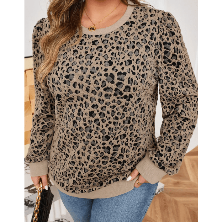 Brixley Khaki Leopard Textured Ribbed Trim Plus Size Long Sleeve Top