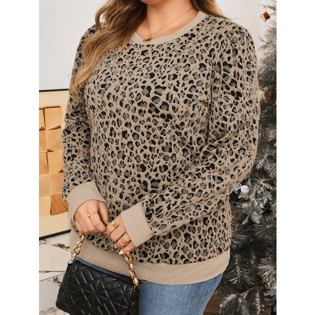 Brixley Khaki Leopard Textured Ribbed Trim Plus Size Long Sleeve Top