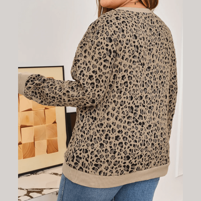 Brixley Khaki Leopard Textured Ribbed Trim Plus Size Long Sleeve Top