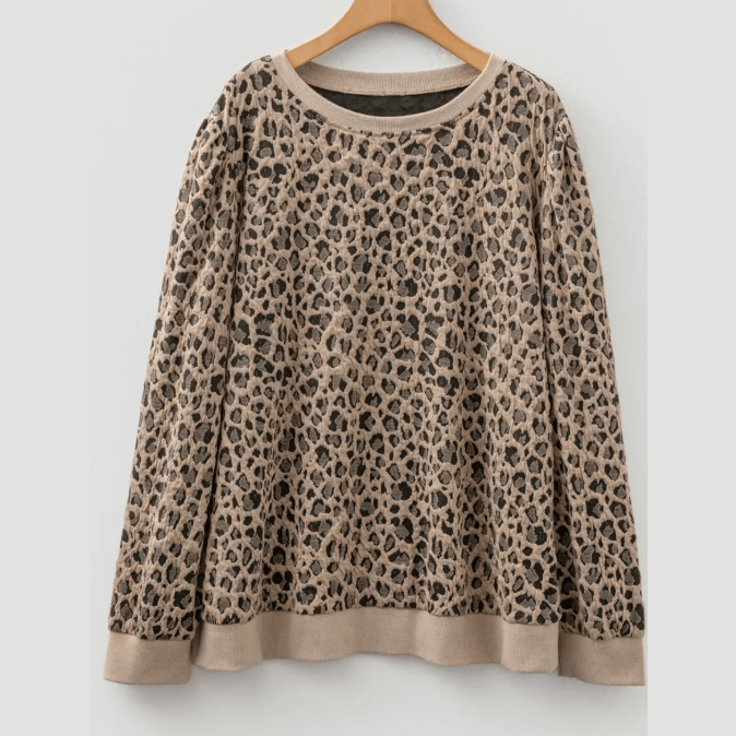 Brixley Khaki Leopard Textured Ribbed Trim Plus Size Long Sleeve Top
