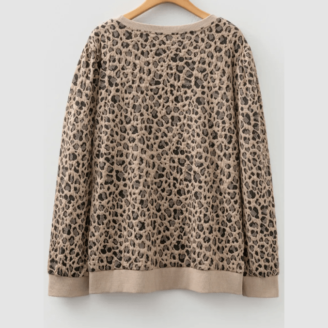 Brixley Khaki Leopard Textured Ribbed Trim Plus Size Long Sleeve Top