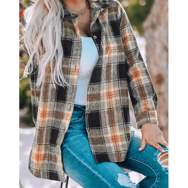 Anslee Black Oversize Rounded Hem Plaid Shacket with Slits