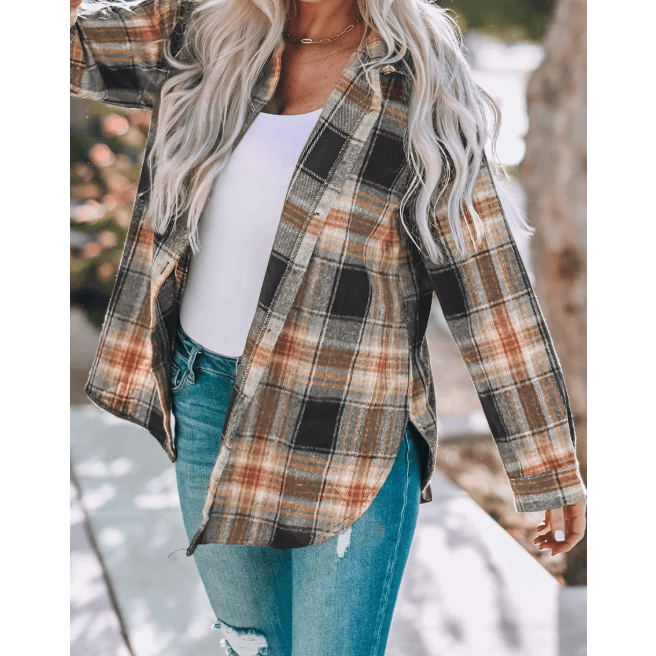 Anslee Black Oversize Rounded Hem Plaid Shacket with Slits