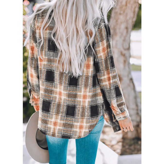 Anslee Black Oversize Rounded Hem Plaid Shacket with Slits