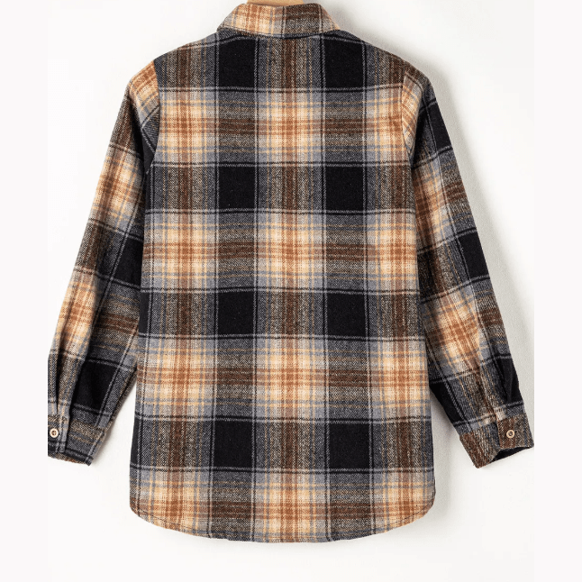 Anslee Black Oversize Rounded Hem Plaid Shacket with Slits