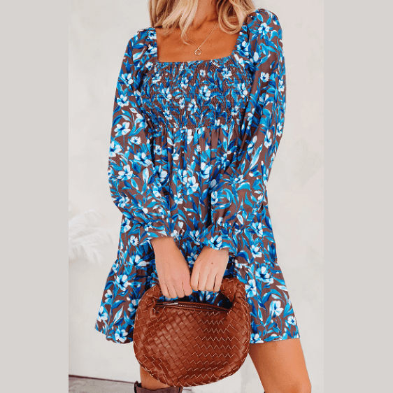 Harlow Blue Smocked Bodice High Waist Ruffled Sleeve Floral Dress