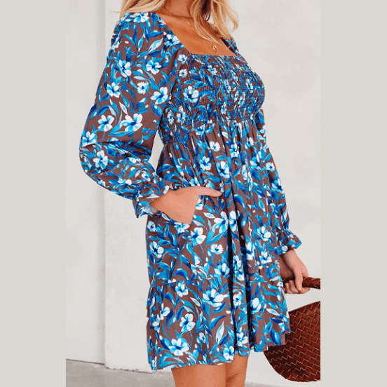 Harlow Blue Smocked Bodice High Waist Ruffled Sleeve Floral Dress