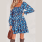 Harlow Blue Smocked Bodice High Waist Ruffled Sleeve Floral Dress